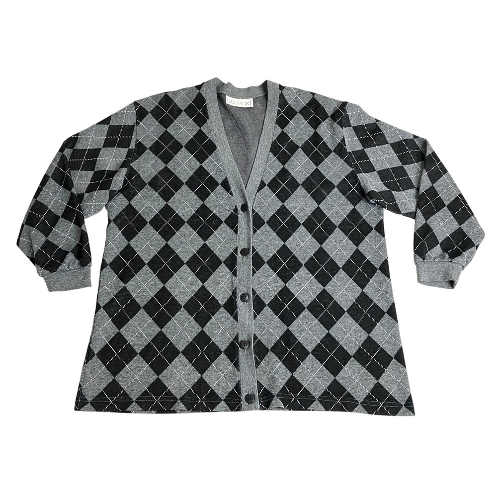 Vintage CD Sport Argyle Cardigan Sweater Womens XL Gray Black Academia Preppy